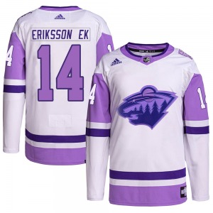 Joel Eriksson Ek Minnesota Wild Adidas Authentic White/Purple Hockey Fights Cancer Primegreen Jersey