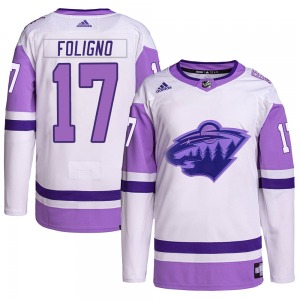 Marcus Foligno Minnesota Wild Adidas Authentic White/Purple Hockey Fights Cancer Primegreen Jersey