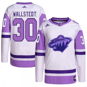 Jesper Wallstedt Minnesota Wild Adidas Authentic White/Purple Hockey Fights Cancer Primegreen Jersey