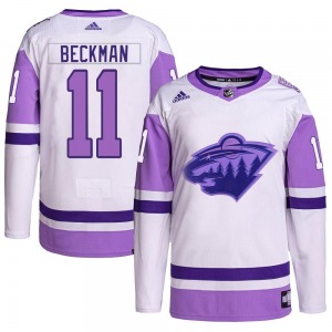 Youth Adam Beckman Minnesota Wild Adidas Authentic White/Purple Hockey Fights Cancer Primegreen Jersey