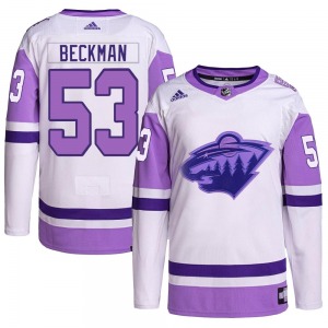 Youth Adam Beckman Minnesota Wild Adidas Authentic White/Purple Hockey Fights Cancer Primegreen Jersey