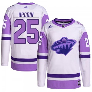 Youth Jonas Brodin Minnesota Wild Adidas Authentic White/Purple Hockey Fights Cancer Primegreen Jersey