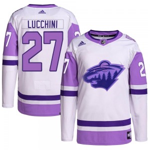 Youth Jacob Lucchini Minnesota Wild Adidas Authentic White/Purple Hockey Fights Cancer Primegreen Jersey