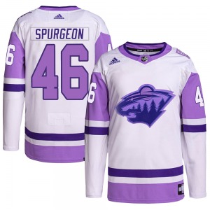 Youth Jared Spurgeon Minnesota Wild Adidas Authentic White/Purple Hockey Fights Cancer Primegreen Jersey